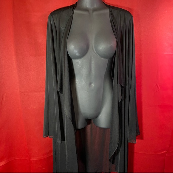 Vintage 90s Sheer Black Nylon Duster Robe – Goth Witchy Maxi Cardigan - Picture 5 of 10